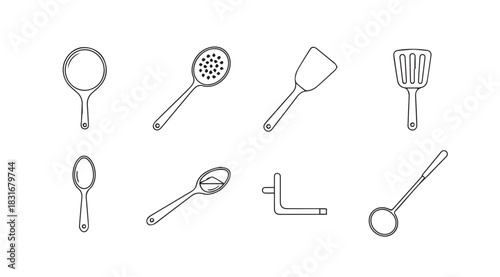 Collection of eight kitchen utensil silhouettes in a simple line drawing style silhouette