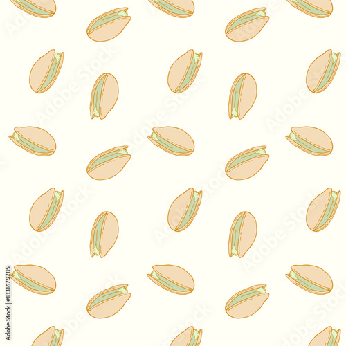 Pistachio nuts pattern, healthy food nuts and seeds, hand drawn gold nuts, doodle. Packaging, wallpaper, wrapper, backdrop.