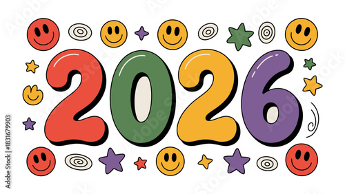 New Year's Eve 2026: The anticipation of new beginnings and joyous celebrations in the upcoming year, a visual representation of the year 2026, decorated with whimsical emojis and patterns.