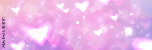Pink purple bokeh heart background with glitter and sparkle effects. Love themed soft gradient pattern with light elements, cute pastel colors and romantic dreamy atmosphere for Valentine Day design.
