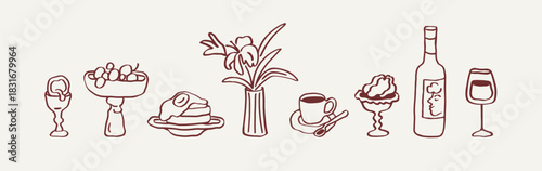 Food and drink set in doodle sketch style. Egg, fruit, pancakes on plate, snacks, flower vase, coffee cup, limoncello bottle, wineglass, scribble drawings. Isolated hand-drawn vector illustrations