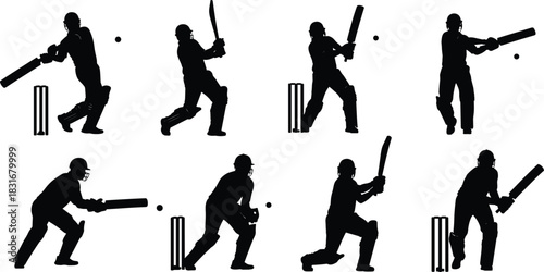 Cricket Batsman Silhouette Vector Set, Dynamic Action Poses of Player Hitting the Ball, Stumps, and Batting Shots, Black Icon Graphics for Sports, Match, and Competition Design Content