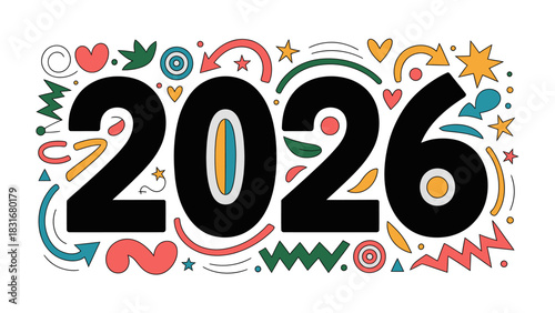 Celebrating the year 2026: An illustration showcases the year 2026, encircled by an array of doodle elements in a symphony of colors, symbols for creativity and new beginnings.