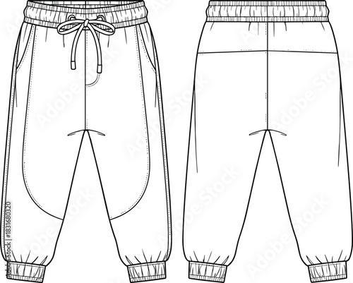 Cropped Technical Harem Jogger Pants CAD Flat Drawing Vector Illustration with Elastic Waistband, Drawstring, Side Pockets, and Ribbed Cuffs for Apparel Design.