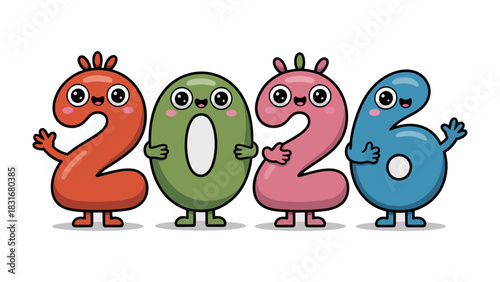 2026 Typography: A lively cartoon illustration of the year 2026, where each number is brought to life as a charming character, exuding friendliness and anticipation.