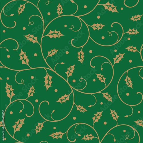 Seamless Christmas Holly Leaves With Scrolls on Green Background
