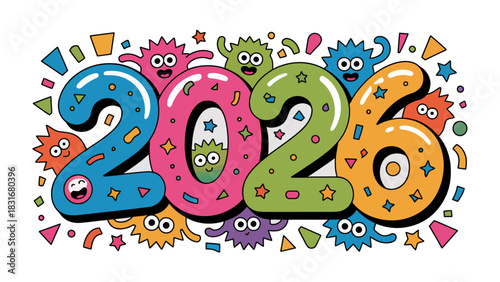 New Year Celebration: A vibrant, playful design featuring the year 2026, surrounded by whimsical characters and confetti, symbolizing a fun and festive outlook on the future.