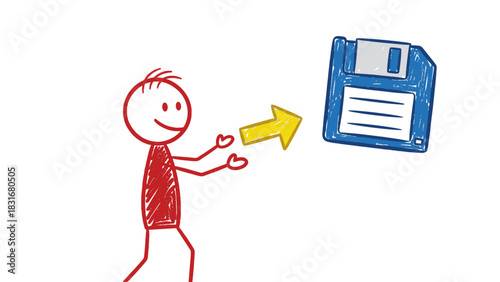 A simple red stick figure sends digital information to a blue floppy disk, symbolizing data transfer, saving, and storage
