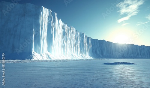 Tall ice wall on horizon with island in front against blue sky, sun shines brightly casting long shadows over vast icy landscapes