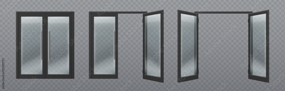 Obraz premium Glass door entrance set with dark frames and chrome handles. 3d transparent store or office windows in closed and open positions. Realistic shop entry elements for architectural visualization