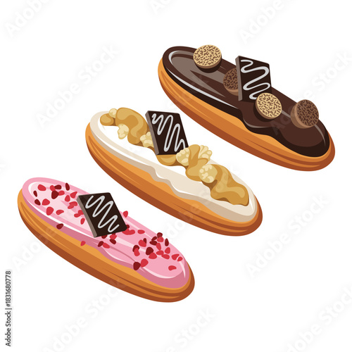 Traditional french dessert - eclairs with chocolate, nuts, fruit and berries isolated on a white background. Cartoon style. Sweets - cupcakes with decor. Illustration for children.