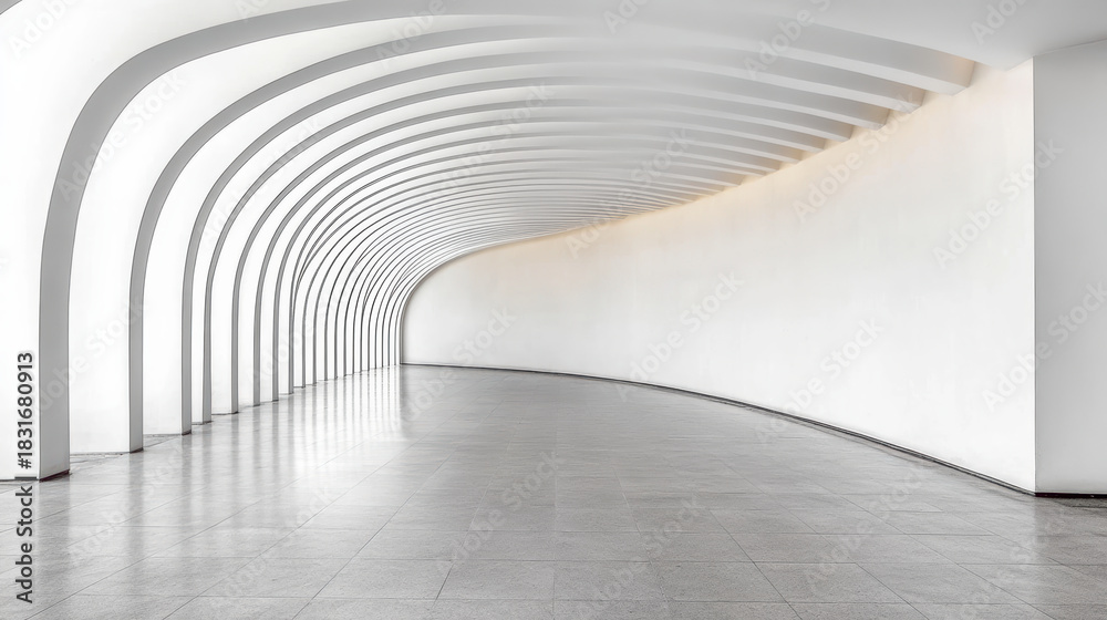 Fototapeta premium White curved architectural corridor with repeating arches and soft light evoking calm