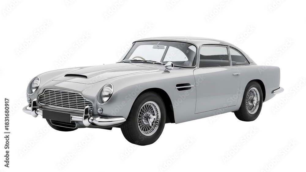 Obraz premium A sleek silver vintage luxury sports car is presented, cut out, stock png, isolated on transparent background