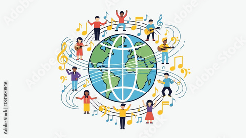 This flat design illustration visually represents the global impact and international unity of gospel music, featuring a stylized globe surrounded by diverse 2D figures and musical notes. 