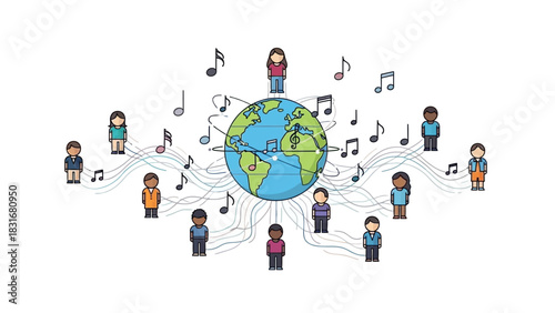 This flat design illustration visually represents the global impact and international unity of gospel music, featuring a stylized globe surrounded by diverse 2D figures and musical notes. 