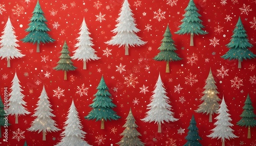 red Christmas background with snowflakes and christmas trees,seamless pattern of christmas trees and snowflakes on red background,Christmas wrapping paper, Xmas pattern with ornaments.