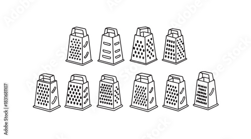 Collection of kitchen box graters in a simple line drawing silhouette style
