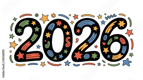 Celebrating the Future: A colorful and imaginative illustration showcases the year 2026, embellished with festive stars and whimsical patterns.