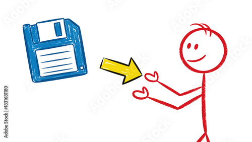 Person Reaching for Floppy Disk Illustration of Data Saving and Technological Concepts