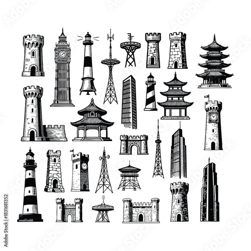 A vast collection of detailed vintage-style illustrations featuring famous towers, structures, and architectural landmarks