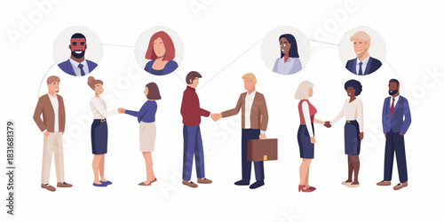 Diverse business professionals networking and shaking hands connected by online profiles