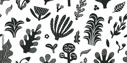 Seamless jungle tropical abstract pattern with palm tree, leaves. Summer texture. Vector illustration.
White background, black and white, monochrome texture, simple doodle style.