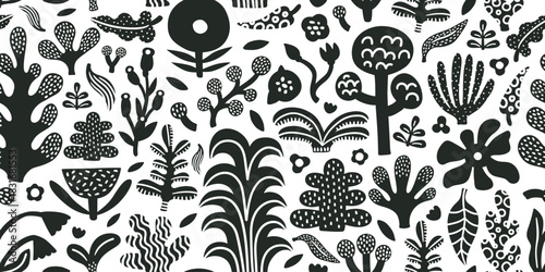Seamless jungle tropical abstract pattern with palm tree, leaves. Summer texture. Vector illustration.
White background, black and white, monochrome texture, simple doodle style.