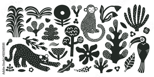 Jungle tropical abstract stickers set with palm tree, leaves, flowers, monkey, toucan, leopard. Black and white silhouette illustration collection. Cute doodle style. White background.