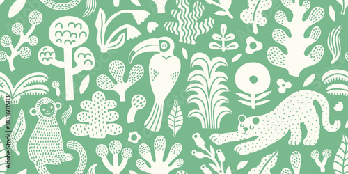 Seamless jungle tropical abstract pattern with palm tree, leaves, leopard, toucan, monkey. Summer texture. Vector illustration. Green background, white objects. Monochrome surface pattern design.