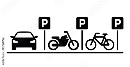 Silhouetted car, motorcycle, and bicycle are parked next to signs indicating parking.