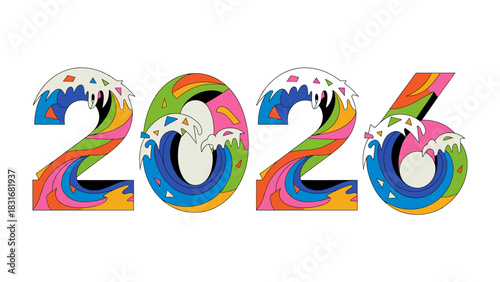 Year 2026: An abstract representation of the year 2026. A visually striking design featuring a rainbow wave, creating a vibrant and dynamic display. A forward-looking vision