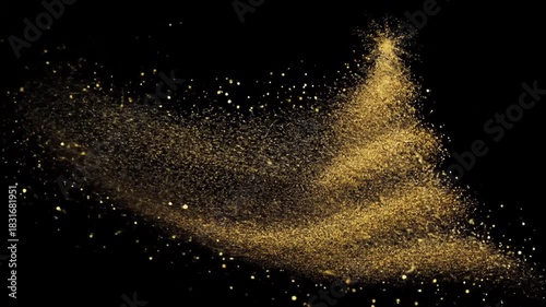 Abstract gold glittering dust forming christmas tree shape against black