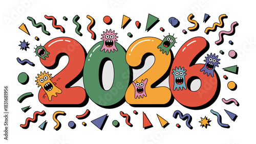 Vibrant 2026: A cheerful, quirky, and colorful design for the year 2026, showcasing playful abstract elements and the numbers that define the upcoming year.