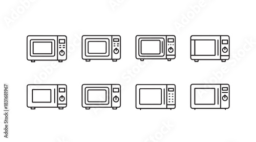 Collection of eight different microwave oven silhouettes for kitchen appliance design