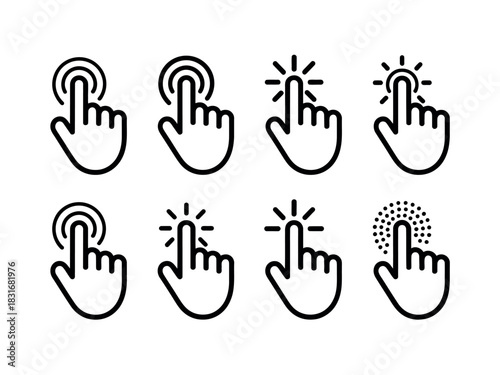 A collection of eight different cursor icons showing a finger pointing and clicking on a digital interface.
