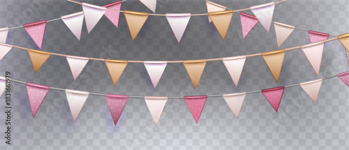 Paper bunting garland with pink and gold triangular pennant flags on transparent background. Festive party banner decoration and carnival celebration string for birthday events or holiday designs.