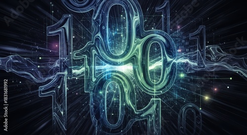 Glowing binary code and network visualization with neon numbers.