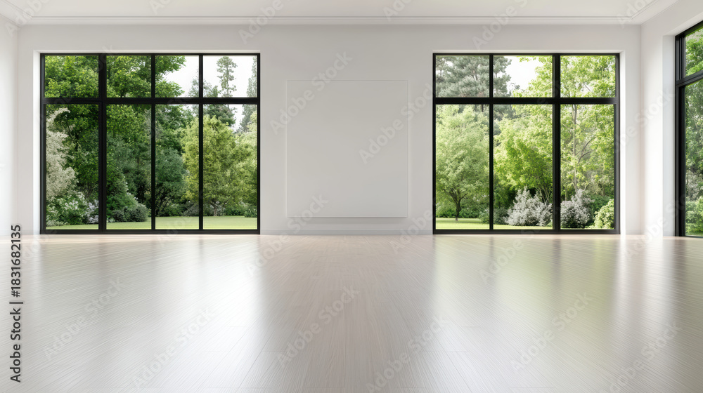 Fototapeta premium Bright modern empty living room with large floor to ceiling windows overlooking green garden