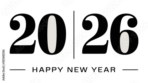 A New Dawn: The image captures a clean and minimal typographic design, where the numbers '2026' boldly declare the year ahead, complemented by the timeless greeting 'Happy New Year'. 
