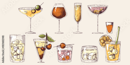 Cocktail sketch set with hand drawn alcoholic drink glasses in vintage line art style - martini and whiskey tumbler, champagne flute, brandy snifter and mixed beverages. Bar glassware with ice cubes