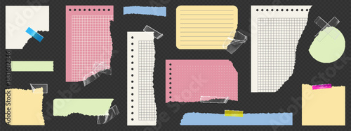 Ripped notebook paper strips with torn edges and realistic textures. Adhesive note sheets, memo labels and paper pieces with shadows. Scrapbook elements and poster frames for collage backgrounds.