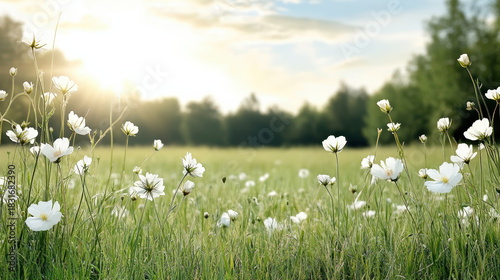 Fototapeta Naklejka Na Ścianę i Meble -  White wildflower meadow sunlight peaceful summer field with soft bokeh glow