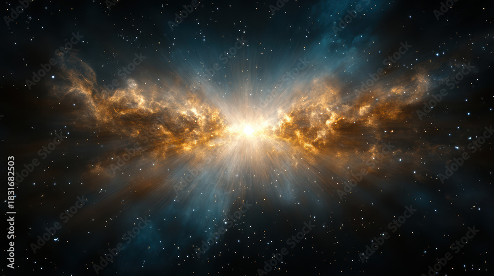 Fototapeta premium Gold nebula explosion stellar burst bright light wings