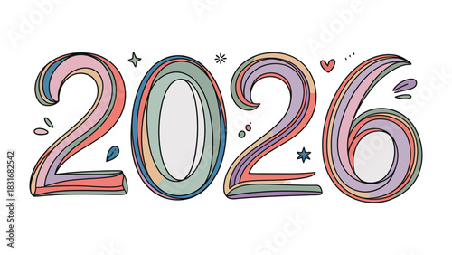 The Year 2026: A vibrant and colorful display of the year 2026, where each number is brought to life with a playful aesthetic. 