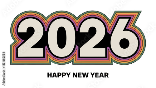 New Year 2026 Celebration: A vibrant, stylized typographic design wishes a Happy New Year and showcases the year 2026 in a festive, eye-catching arrangement.