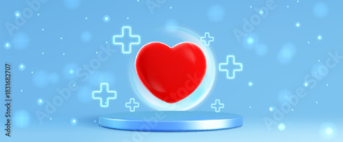 Medical podium stage with 3d red heart on blue background. Health technology product display platform surrounded by glowing white cross symbols and sparkling particles for medicine presentation.