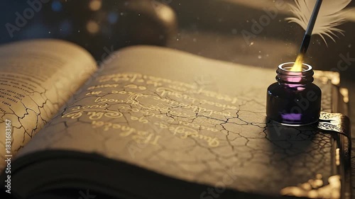 Macro shot, extreme close-up on a dusty, ancient spellbook with a cracked leather cover. A quill pen dips itself into an inkwell and begins to write spidery