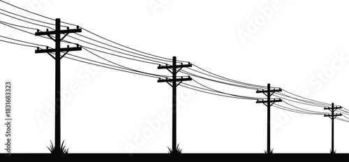 Silhouette of high-voltage power lines and utility poles in a rural landscape vector illustration, conveying electricity transmission, infrastructure, and telecommunications.