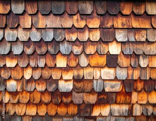Close up of a weathered wooden shingle wall with light to dark brown colors showing wood grain details