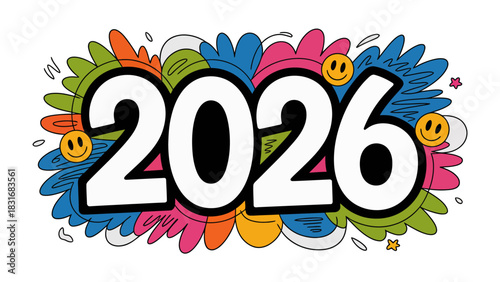 Envisioning 2026: A vibrant and colorful graphic featuring the year 2026, complemented by playful doodles and cheerful emoticons, representing anticipation, excitement, and optimism for the future.